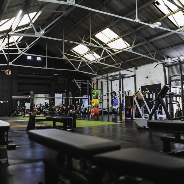 Professional gym interior with strength equipment